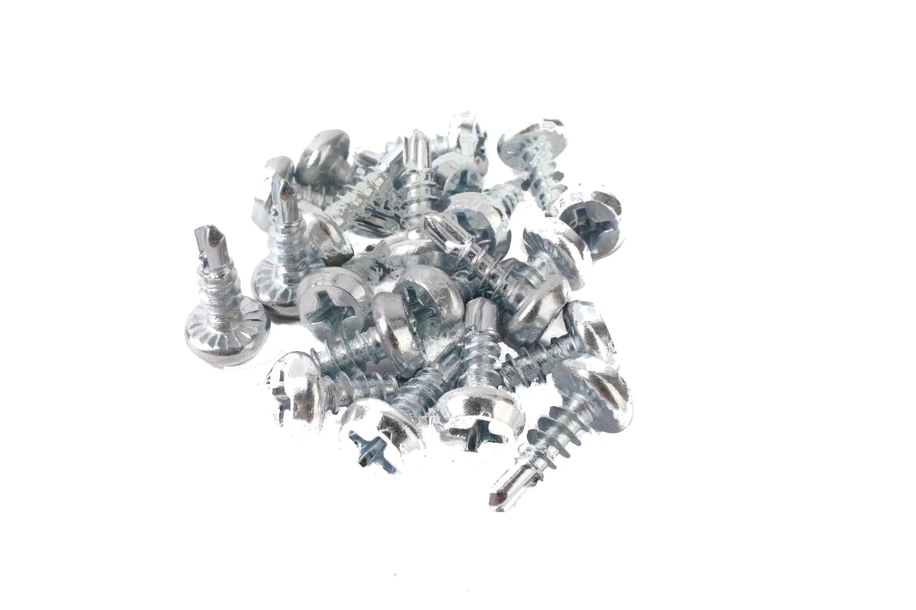 Zinc plated pan framing head Phillips self-drilling screws scattered together