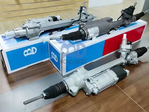 Two HONDMODI cartons beside a finished electric steering rack