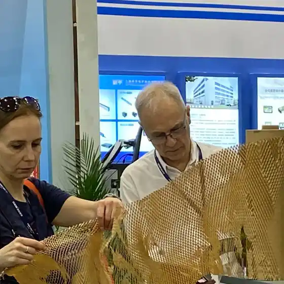 Paper cushion material shown to visitors at an exhibition