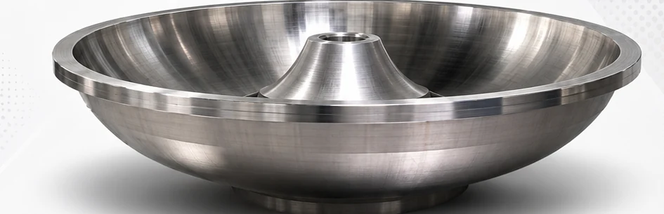 Polished stainless steel vessel component with curved bowl profile
