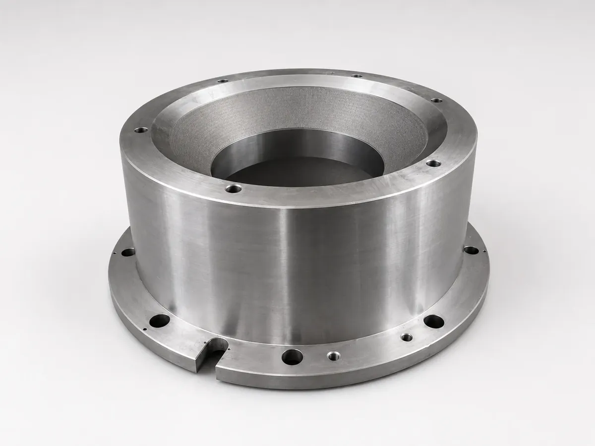Machined steel flange and sleeve component with bolt holes