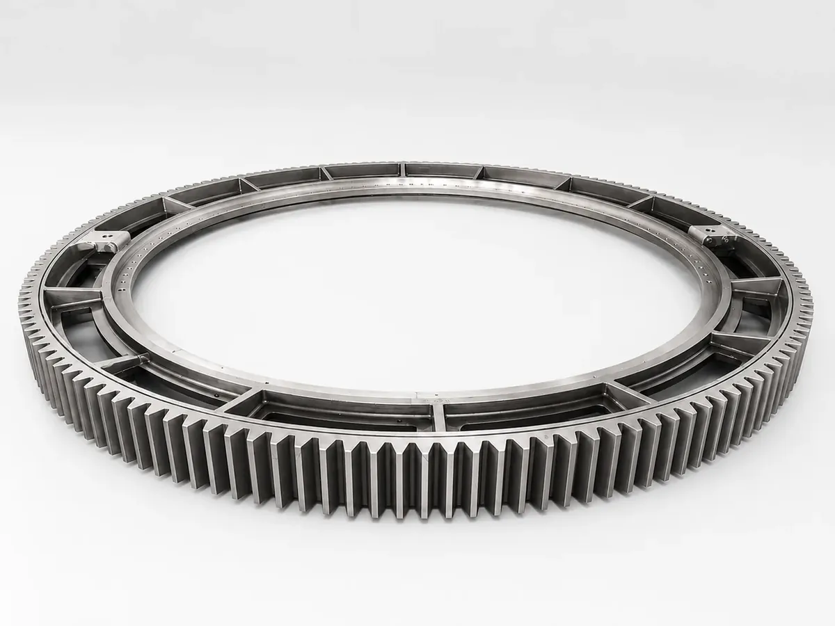 Large steel gear ring with cut teeth around the full circumference