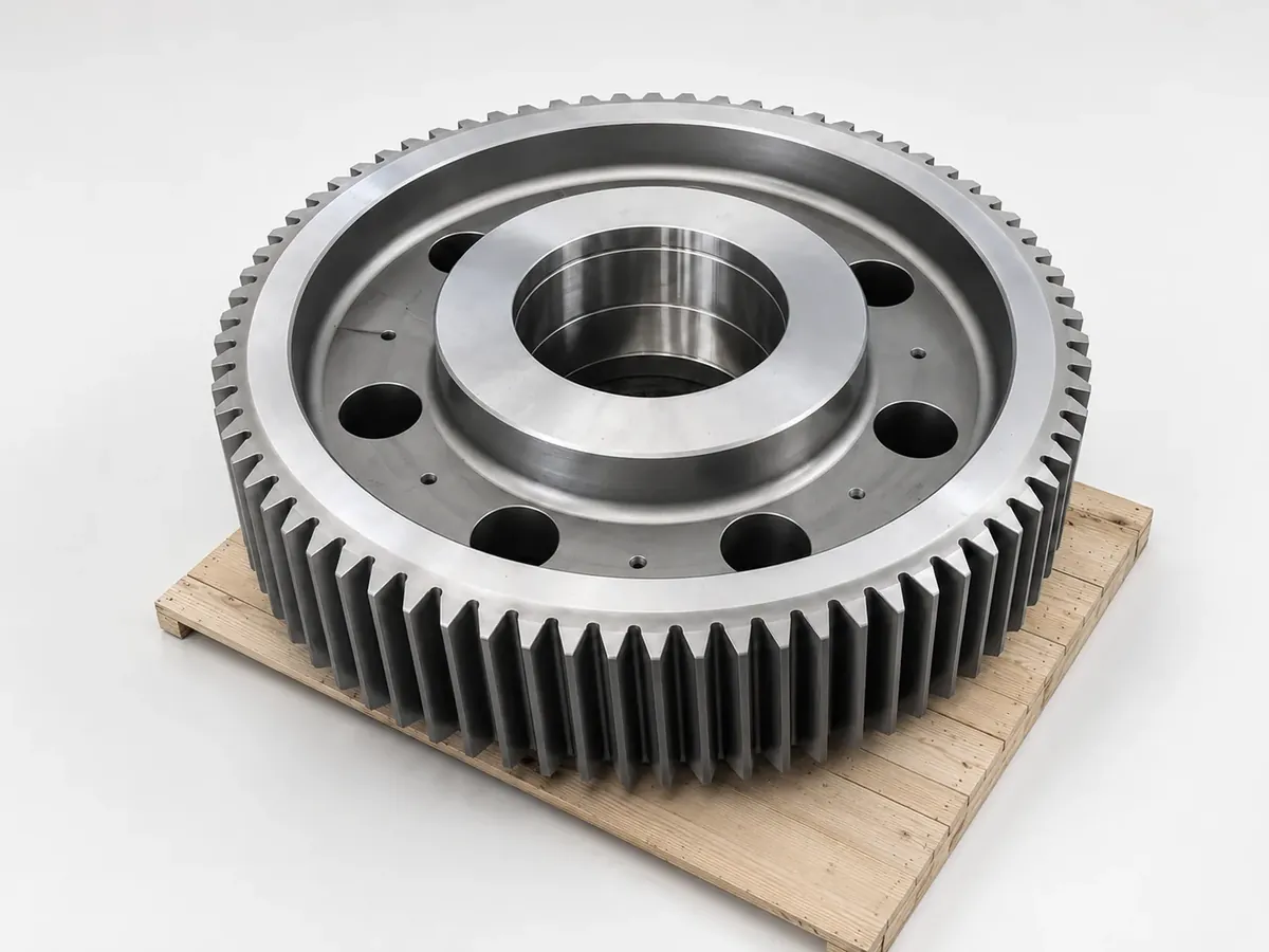 Cast steel gear with helical teeth and machined hub bore