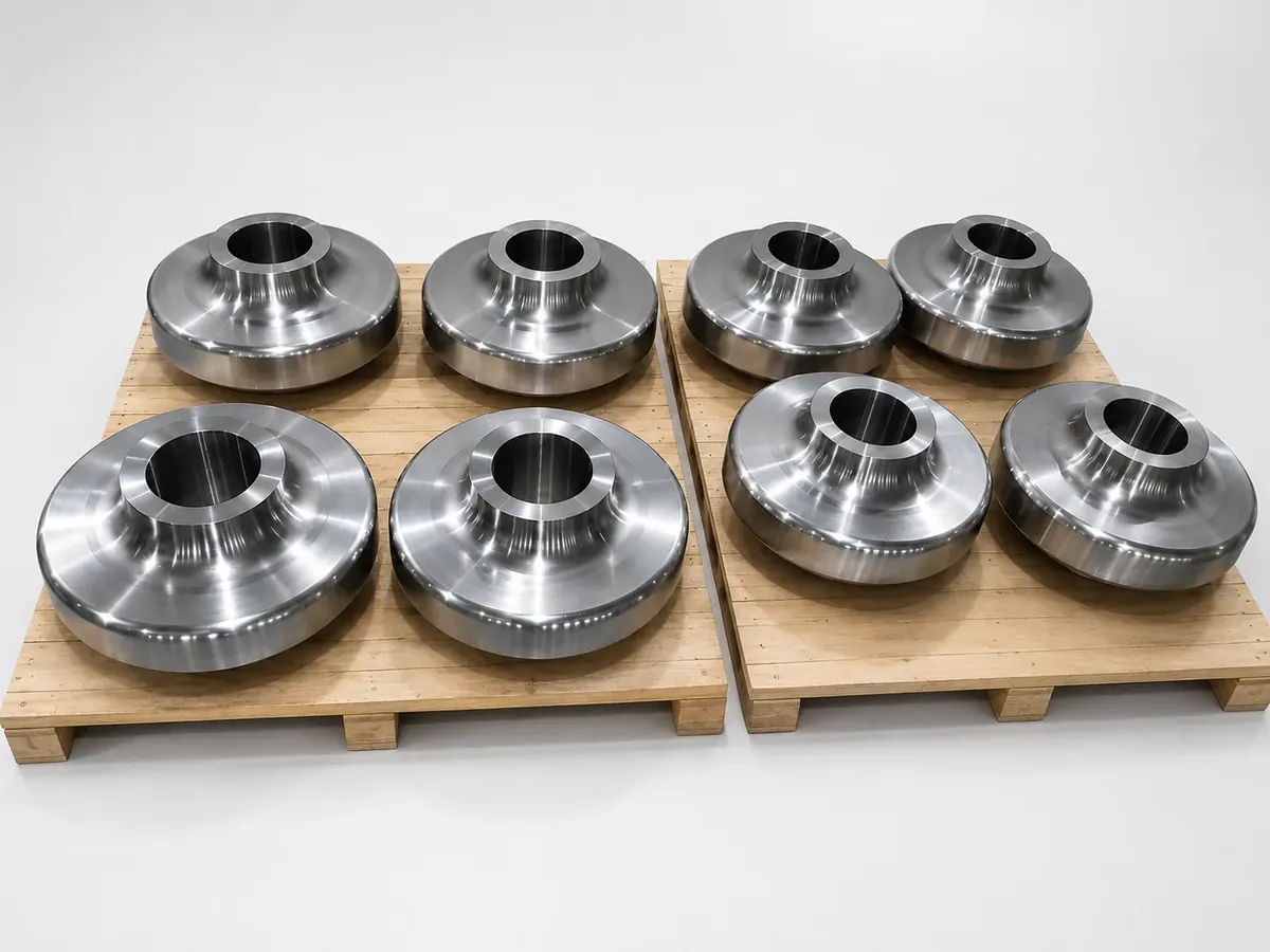 Batch of machined steel disc components arranged on wooden pallets