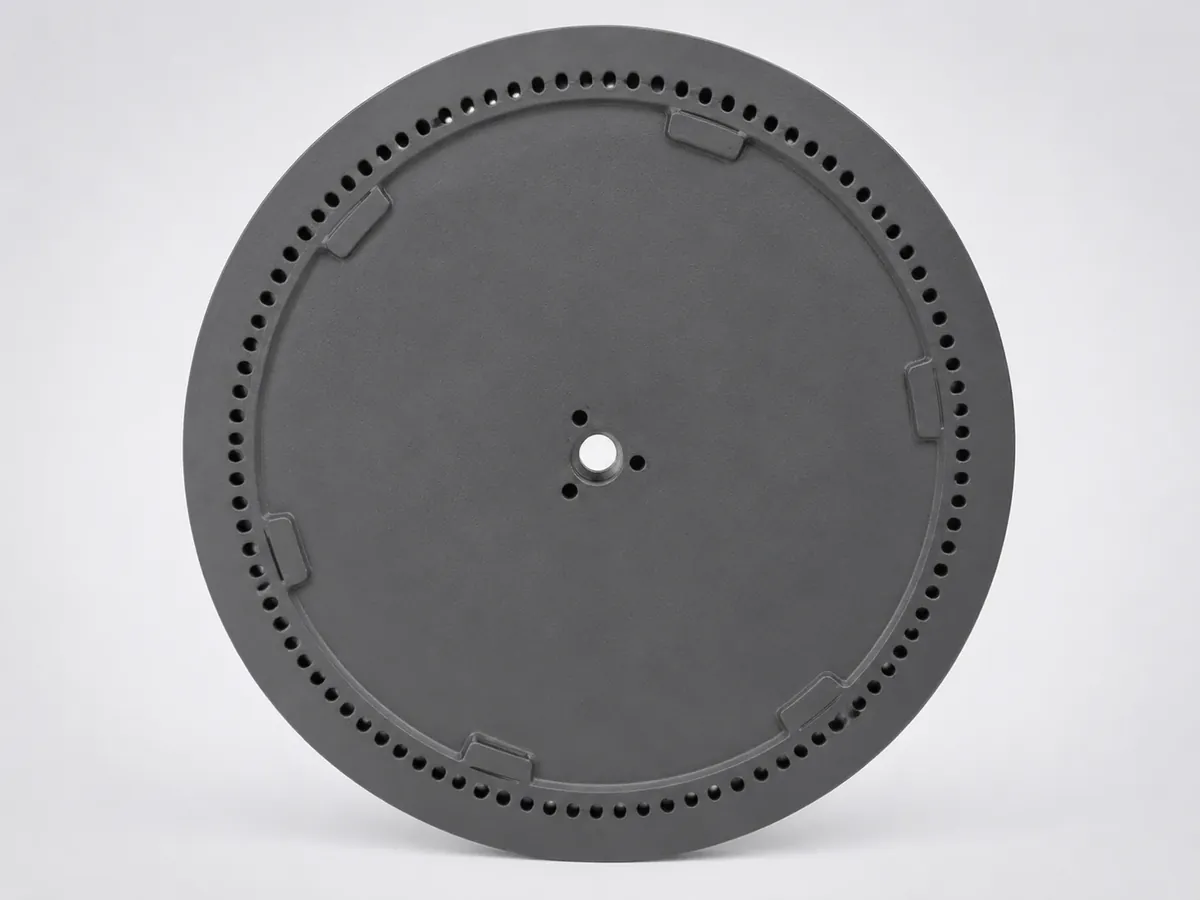 Round cast iron disc component with perforated rim