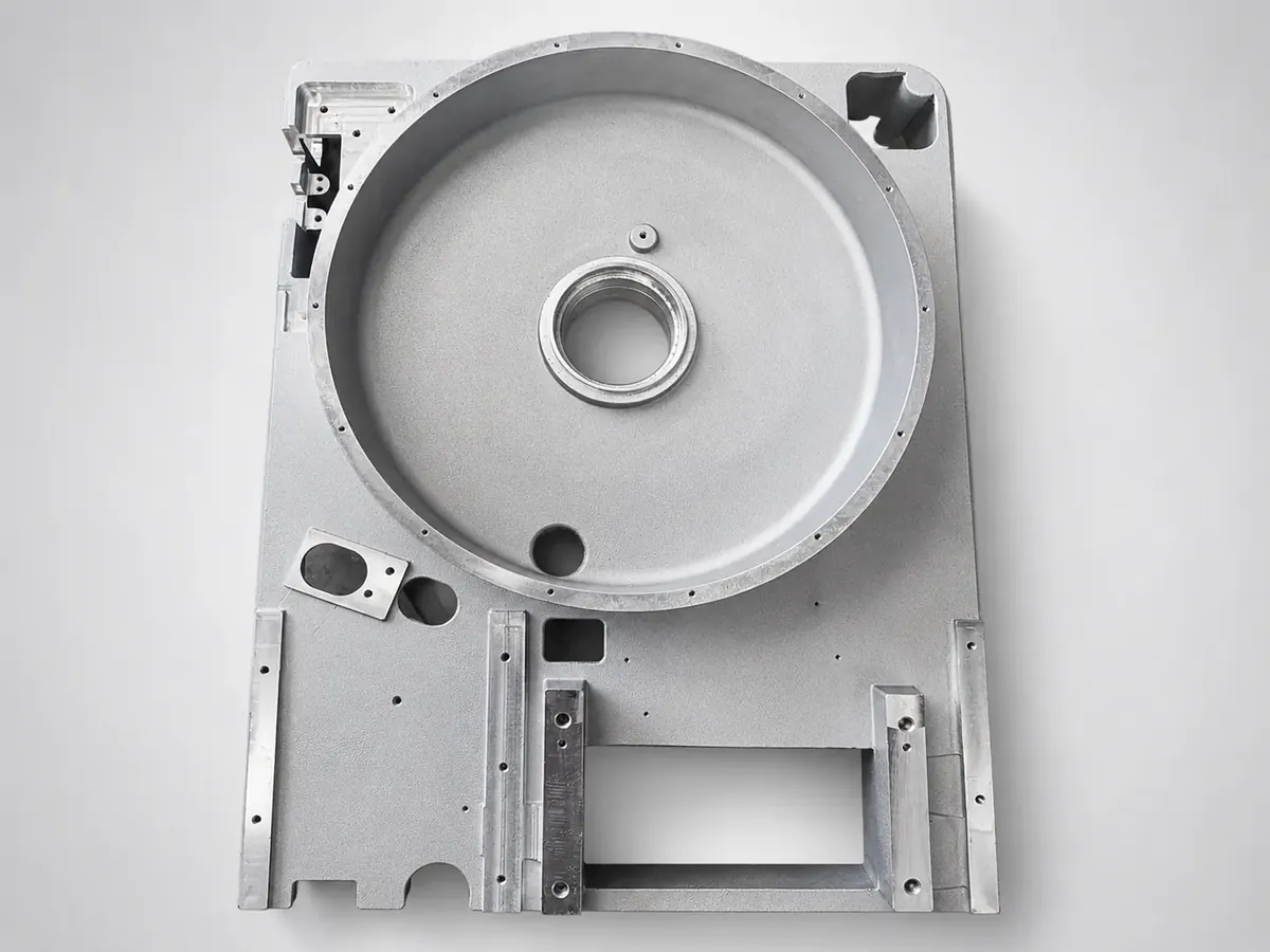 Cast aluminium housing component with machined mounting faces