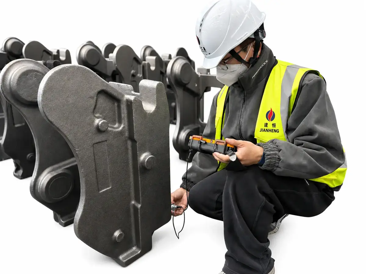 Large steel structural casting being inspected by a quality engineer