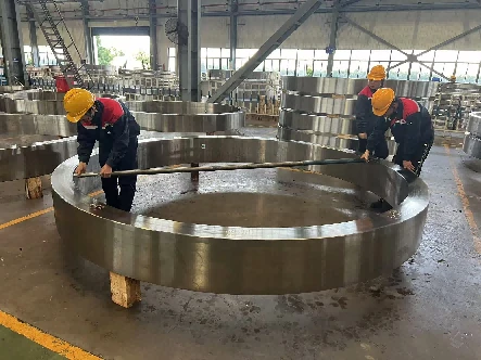 Rolled ring forging being checked after the rolling operation