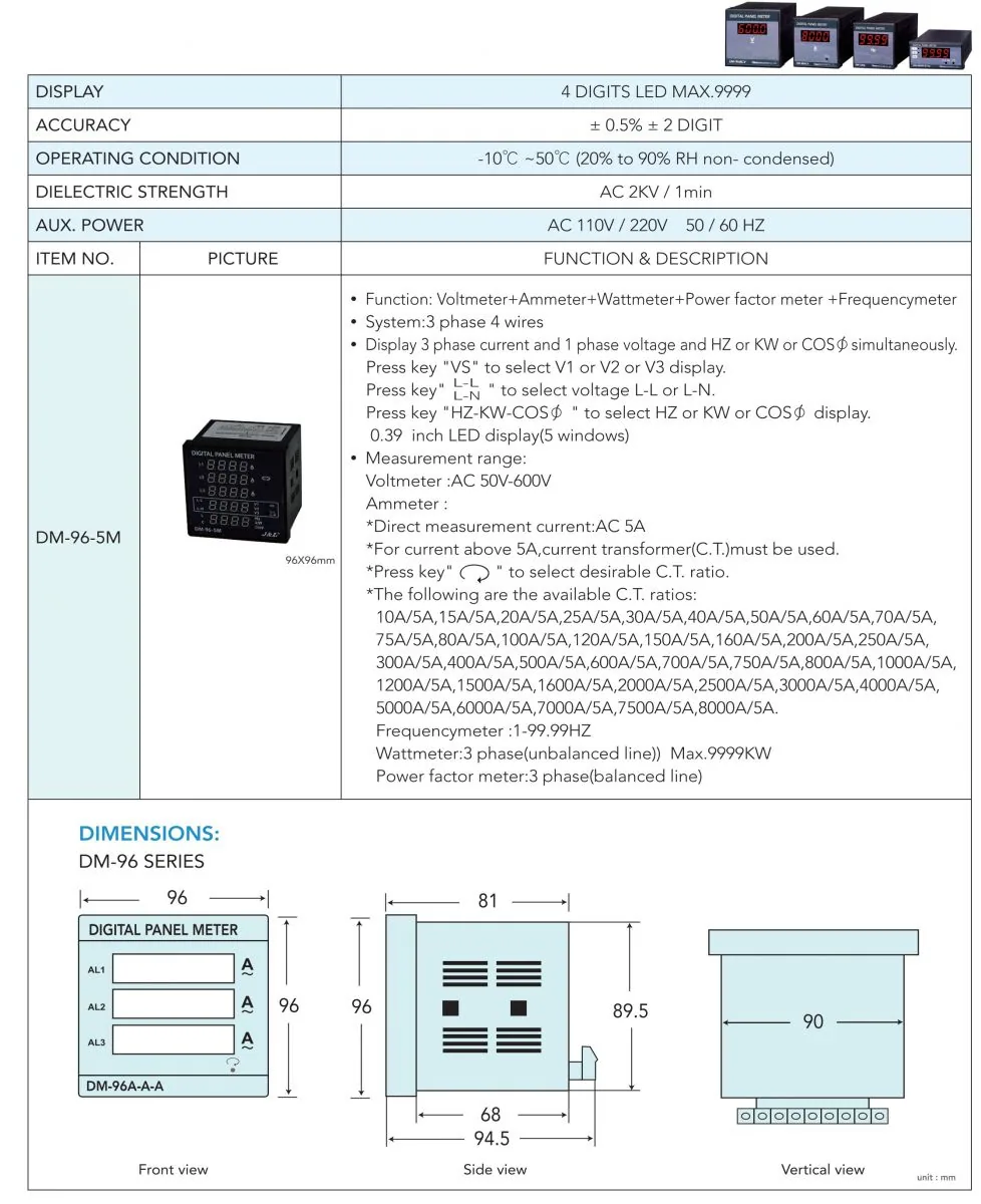 Digital 3phase 4wires Voltmeter Ammeter Power Factor Frequency specification