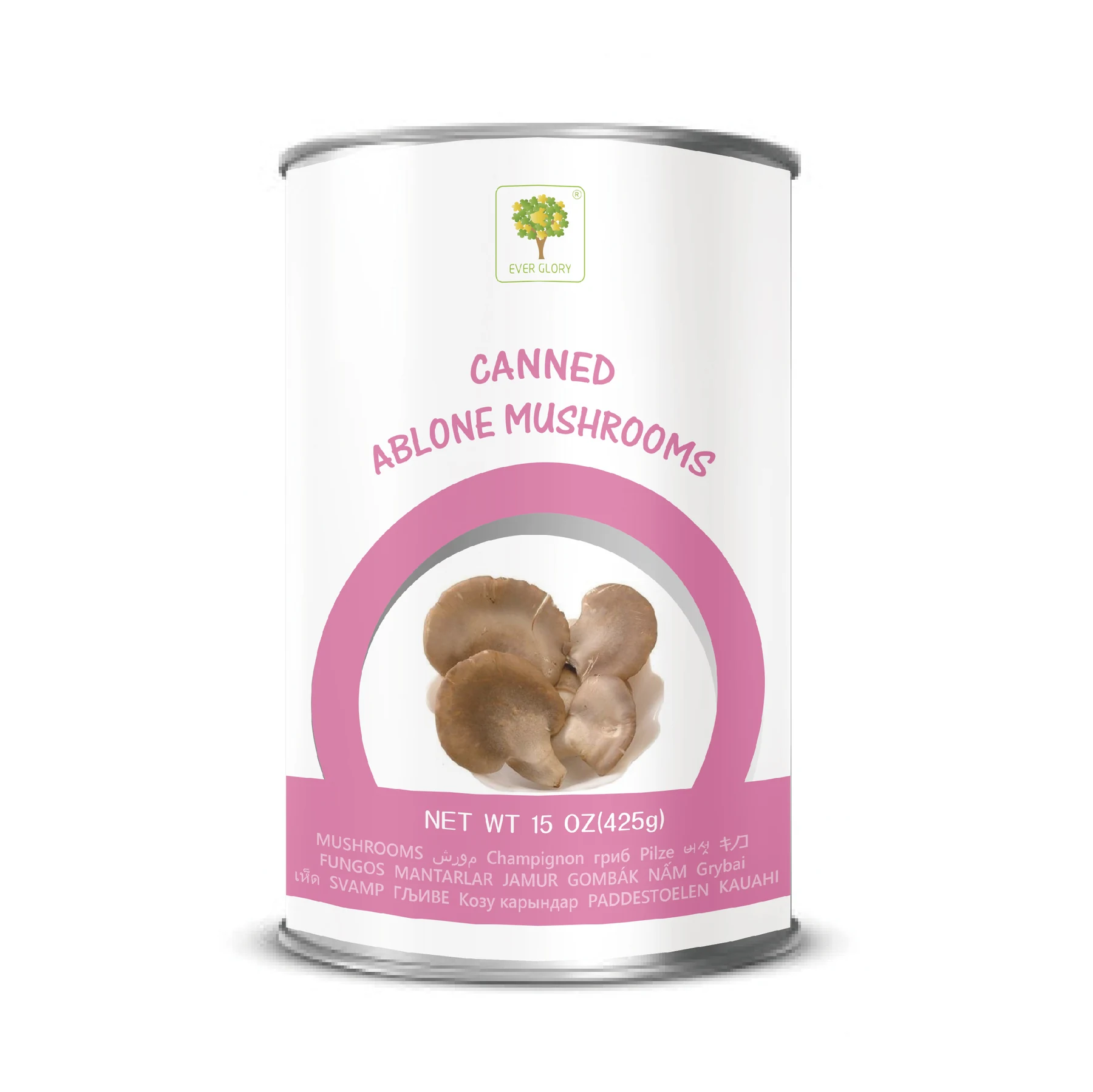 White label can of canned abalone mushrooms featuring a photo of the product