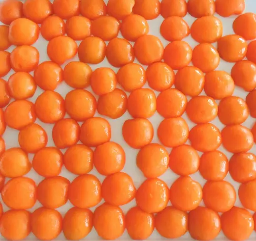 Rows of glossy round orange glazed food items arranged on a white surface