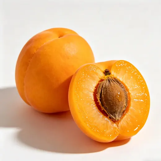 Whole apricot beside a halved apricot revealing orange flesh and brown pit on a white background