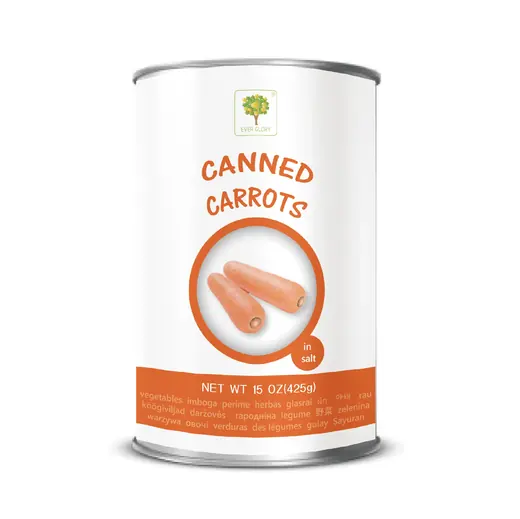 White can of canned carrots with orange text and a graphic of two carrots