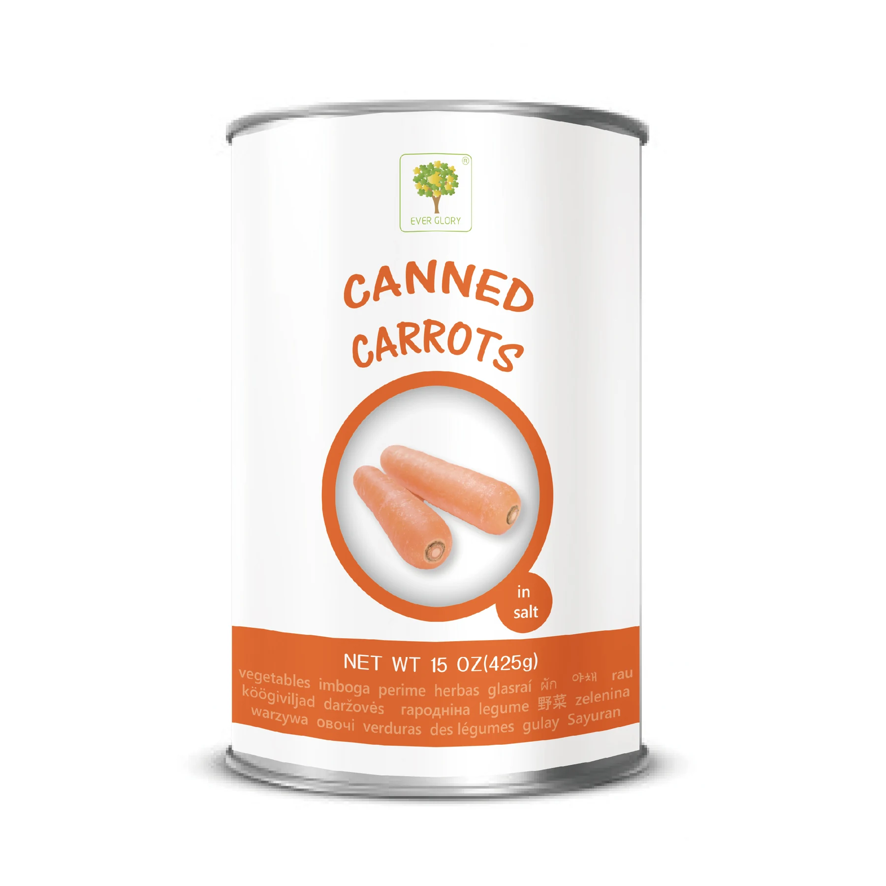 White can of canned carrots with orange text and a graphic of two carrots