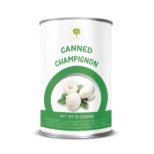Can of canned champignon mushrooms, 15 oz (425g), with white label, green branding and mushroom illustration