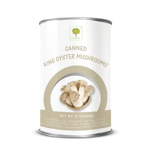 Canned King Oyster Mushrooms in a white tin with a mushroom illustration