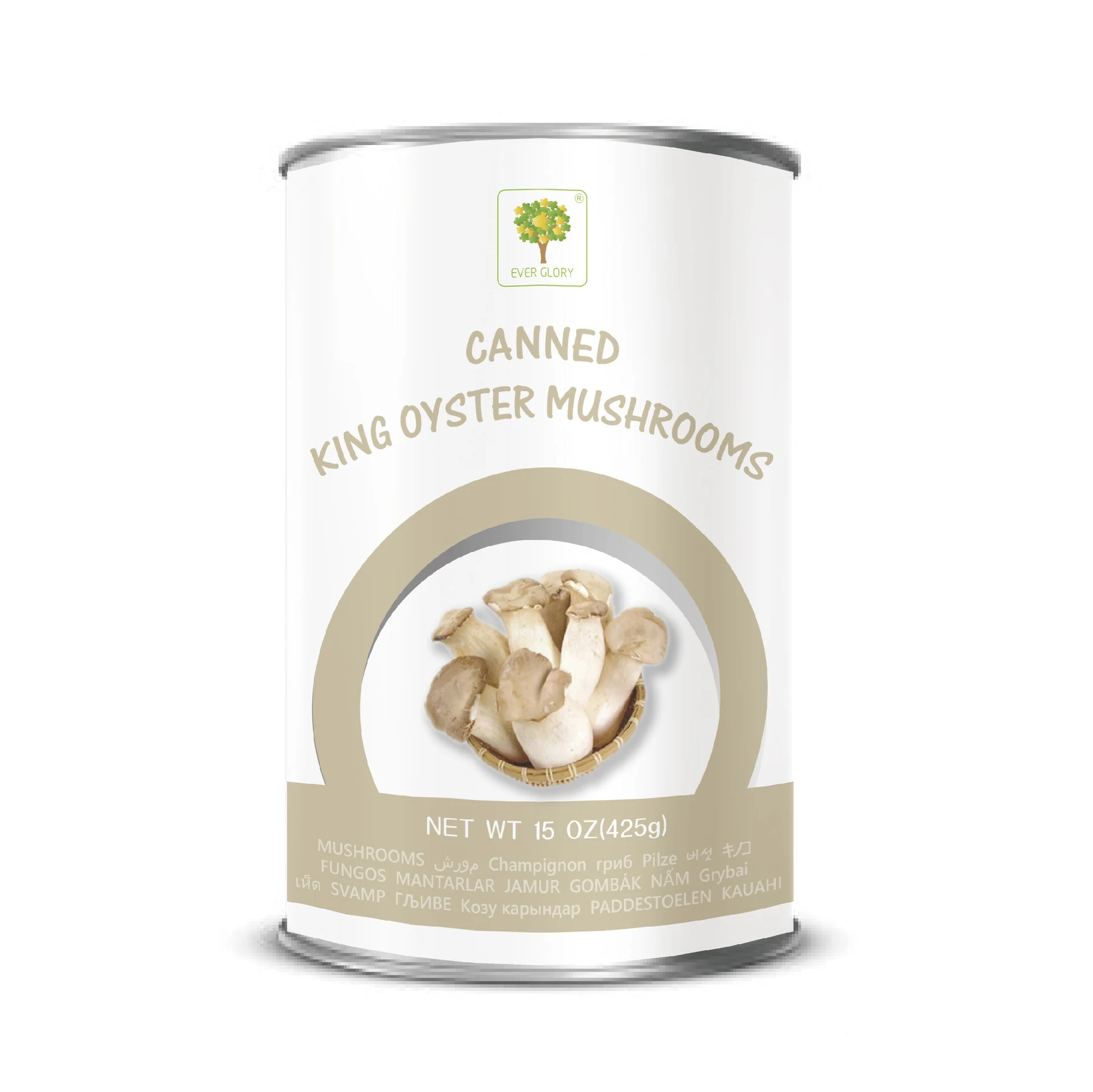 Canned King Oyster Mushrooms in a white tin with a mushroom illustration
