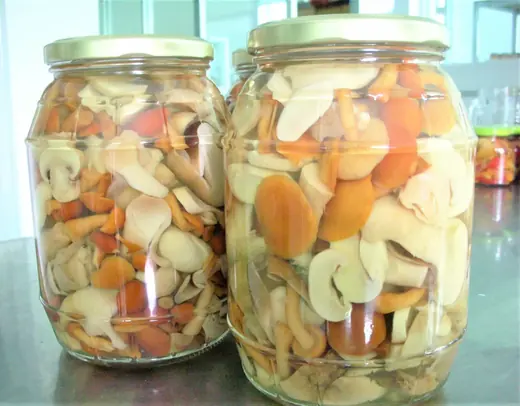Two glass jars filled with mixed white and orange mushrooms in brine, standing on a stainless steel counter
