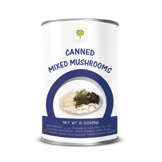 Canned mixed mushrooms product label with food serving suggestion