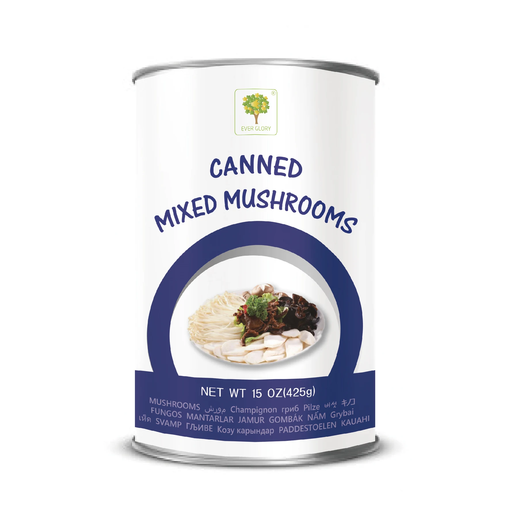 Canned mixed mushrooms product label with food serving suggestion