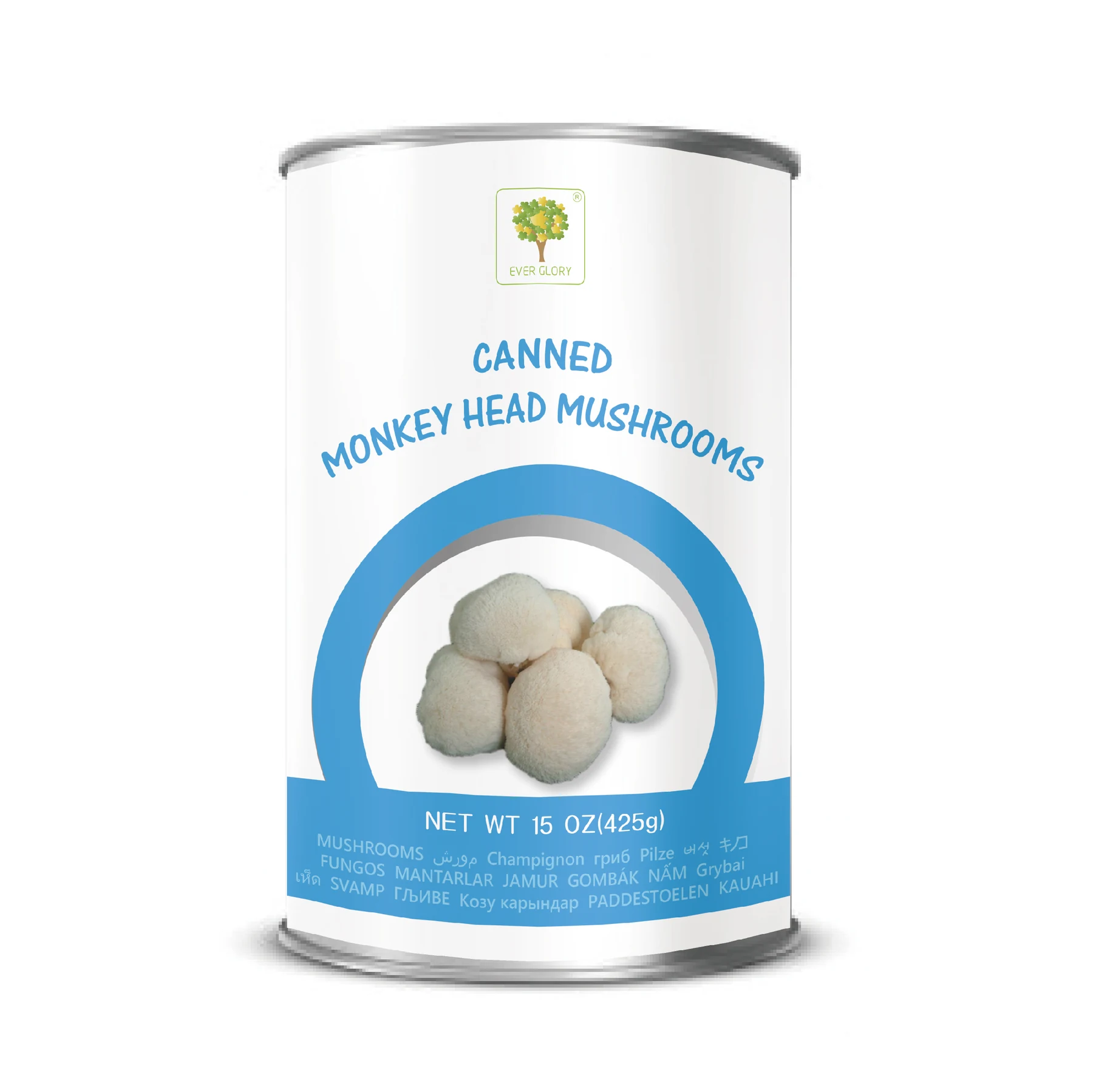 Canned Monkey Head Mushrooms product can on white background