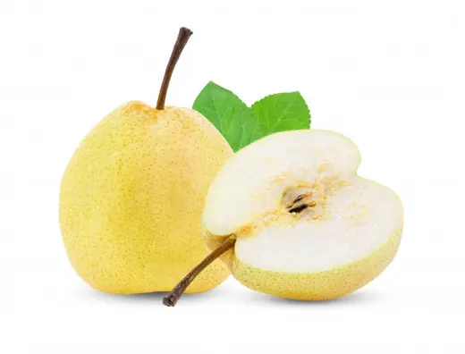 Two yellow Asian pears, one whole with green leaves and one halved showing white flesh, on a white background