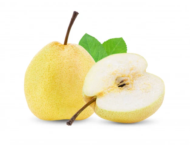 Two yellow Asian pears, one whole with green leaves and one halved showing white flesh, on a white background