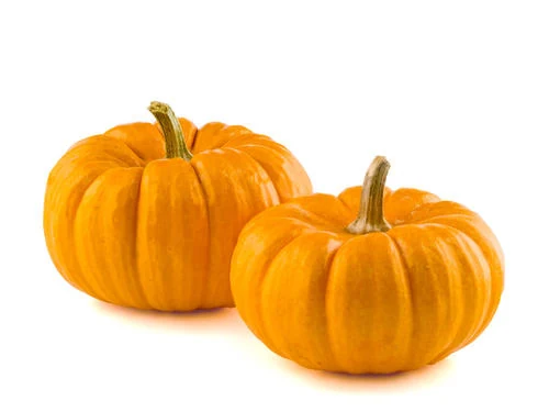 Two small orange pumpkins with green stems on a plain white background
