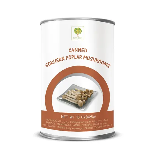 White can with label featuring a photo of mushrooms on a plate