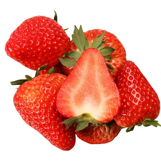 Fresh whole strawberries with one halved berry showing juicy red flesh, isolated on white background