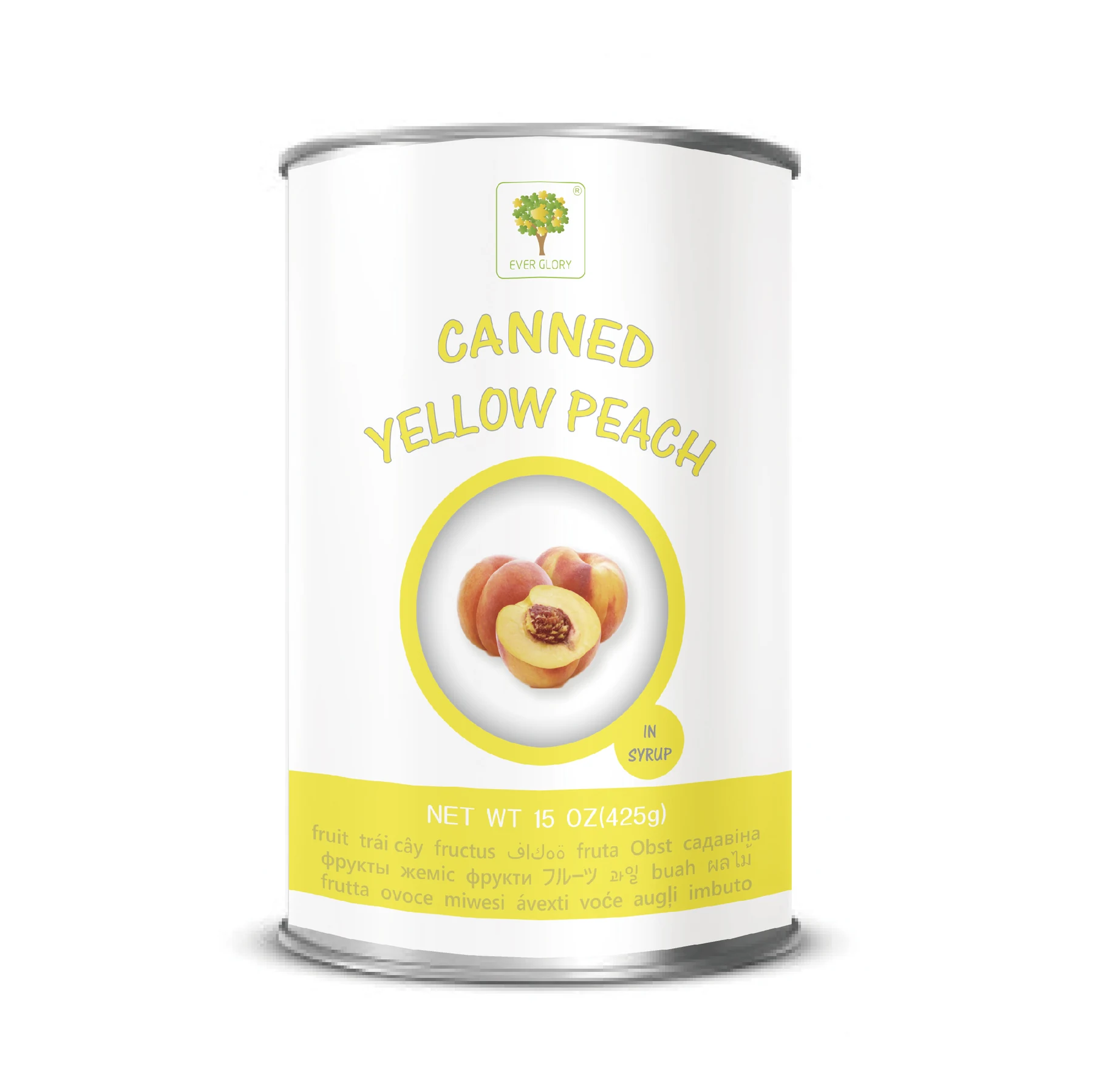 White and yellow tin can of canned yellow peaches in syrup