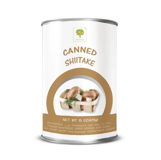 A can of canned shiitake mushrooms with a white label featuring a photo of mushrooms in a basket