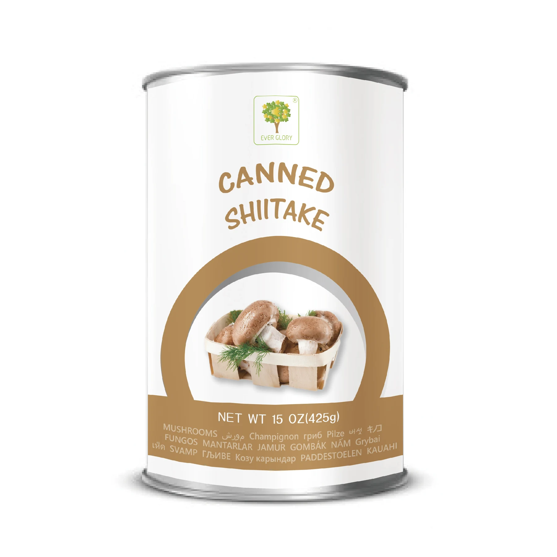 A can of canned shiitake mushrooms with a white label featuring a photo of mushrooms in a basket