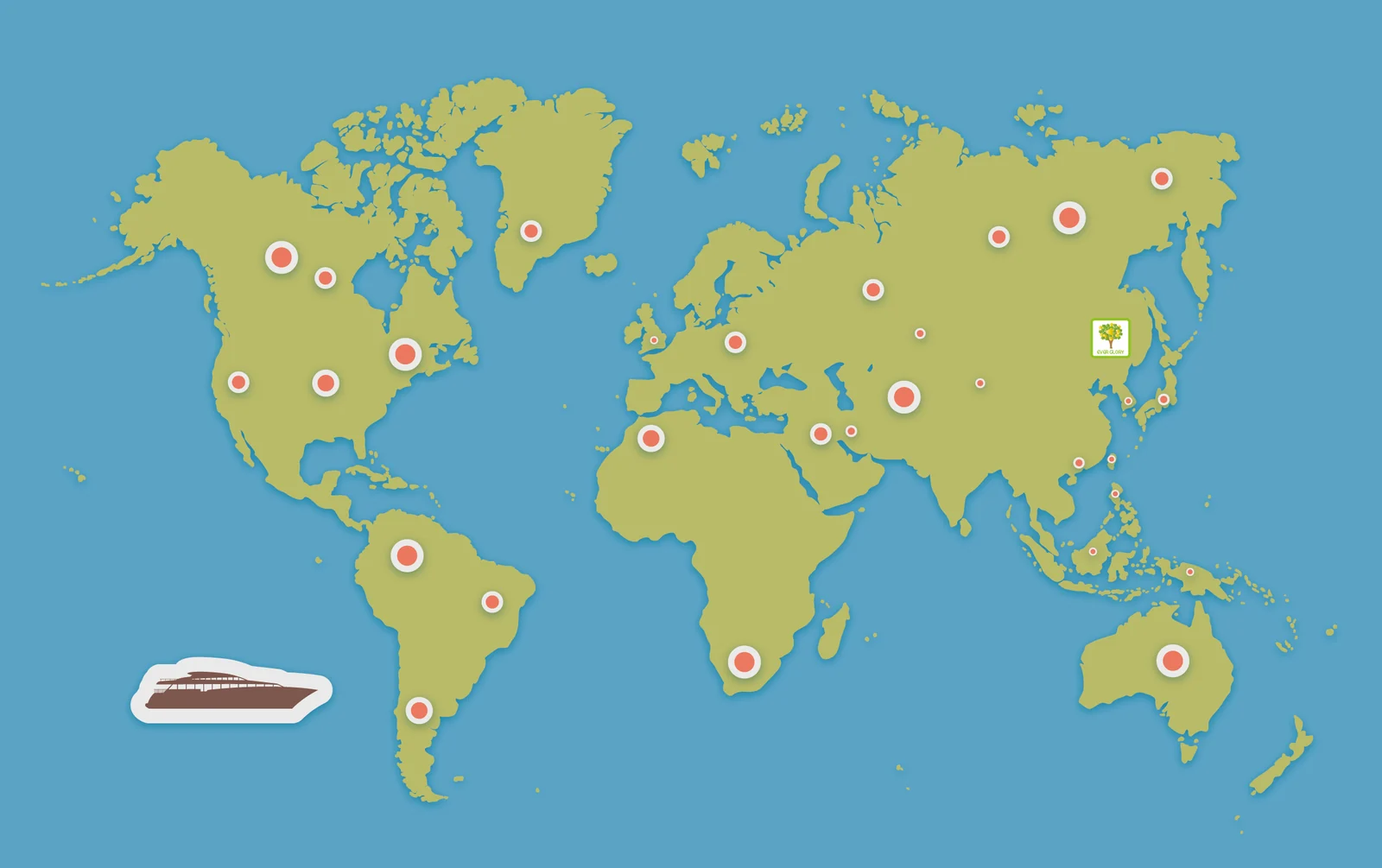 World map marking the export destinations reached from the plant