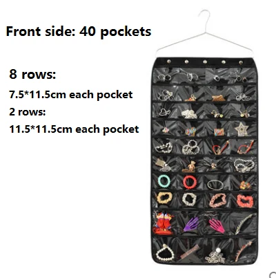 Hanging jewelry organizer showing the 40 pocket front layout