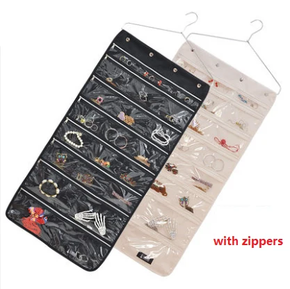Double sided hanging jewelry organizer with zipped clear pockets