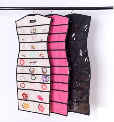 Dress shaped jewelry organizers in beige pink and black colourways