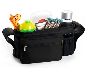 Stroller organizer bag shown open with the inner compartments visible