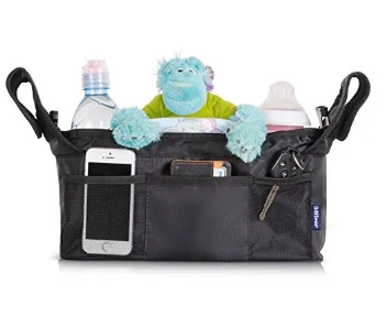Stroller organizer with a zipped valuables pouch alongside