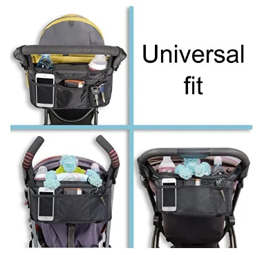 Stroller organizer showing universal fit across three pushchair types