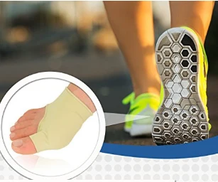 Bunion sleeve shown in use with running shoes
