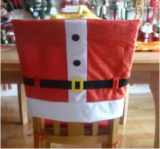 Red Santa chair back covers with gold buckle belts shown as a pair