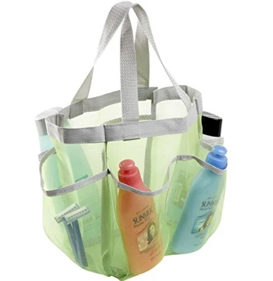 Green mesh shower caddy tote with toiletries in the side pockets