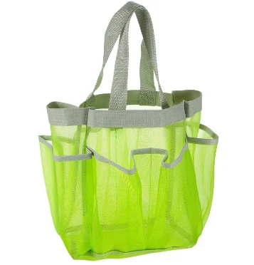 Green mesh shower tote with webbing handles shown empty