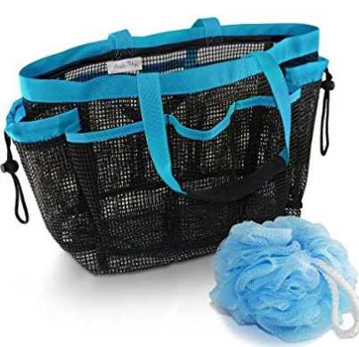 Black mesh shower and bath organizer with blue trim shown with a bath pouf