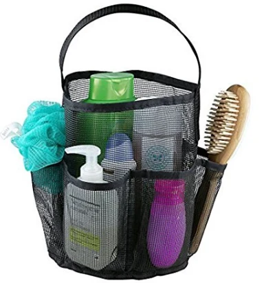 Round black mesh dorm shower caddy filled with bathroom bottles and a brush