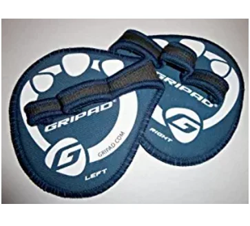 Blue and black neoprene workout grip pads shown as a left and right pair