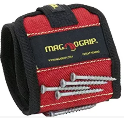 Red and black magnetic tool wristband holding screws