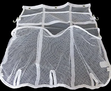 White mesh hanging shower organizer shown flat