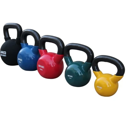 Range of vinyl coated kettlebells in black blue red green and yellow
